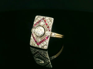 ANTIQUE FRENCH ART DECO DIAMOND & RUBY RING 18ct GOLD