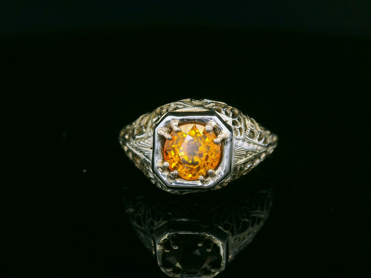 ART DECO ORANGE SAPPHIRE FILIGREE RING 18ct WHTE GOLD