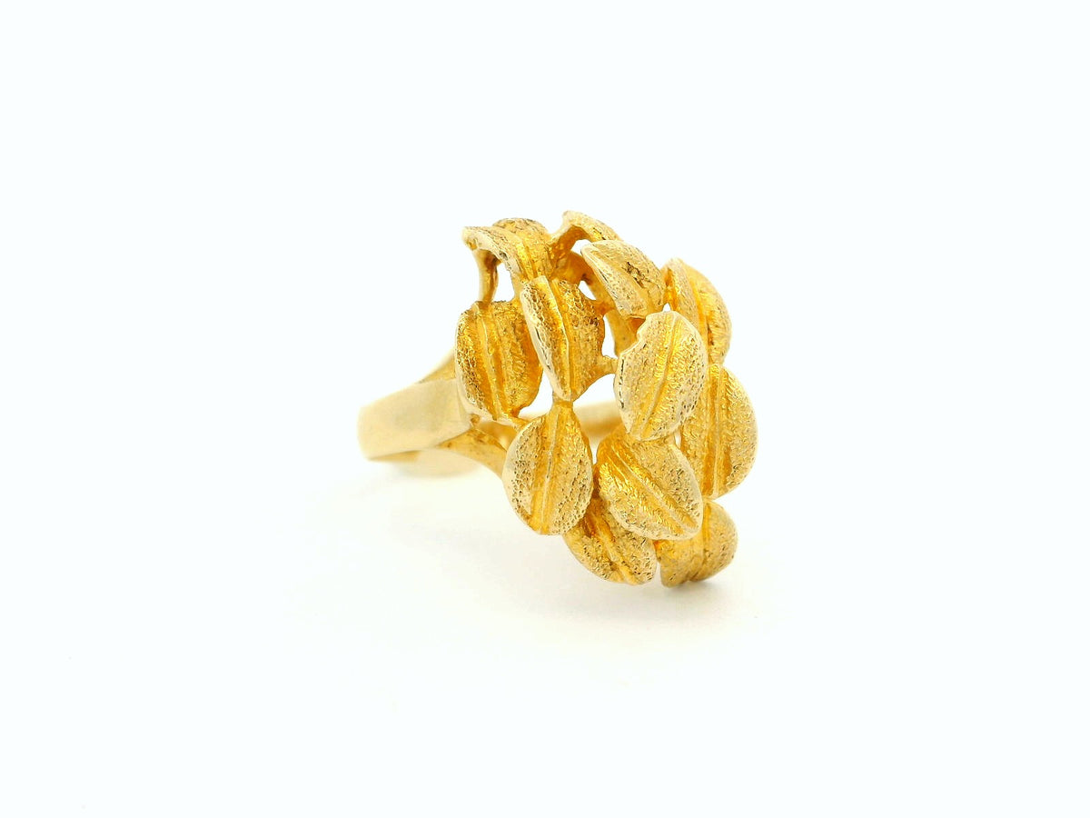 MID-CENTURY ETCHED LEAVES RING 14ct GOLD