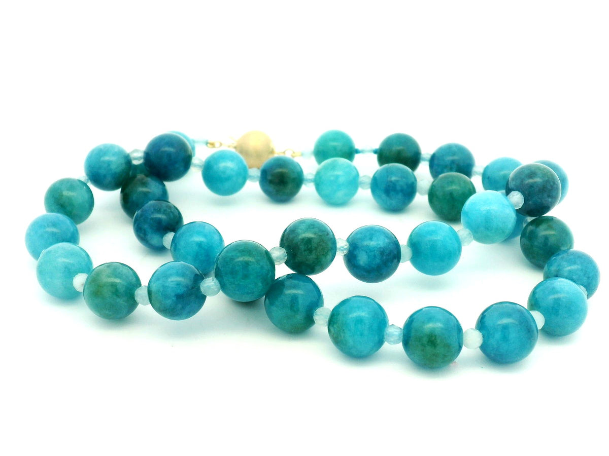 ‘JADE’ &amp; AQUAMARINE BEAD NECKLACE 14ct GOLD