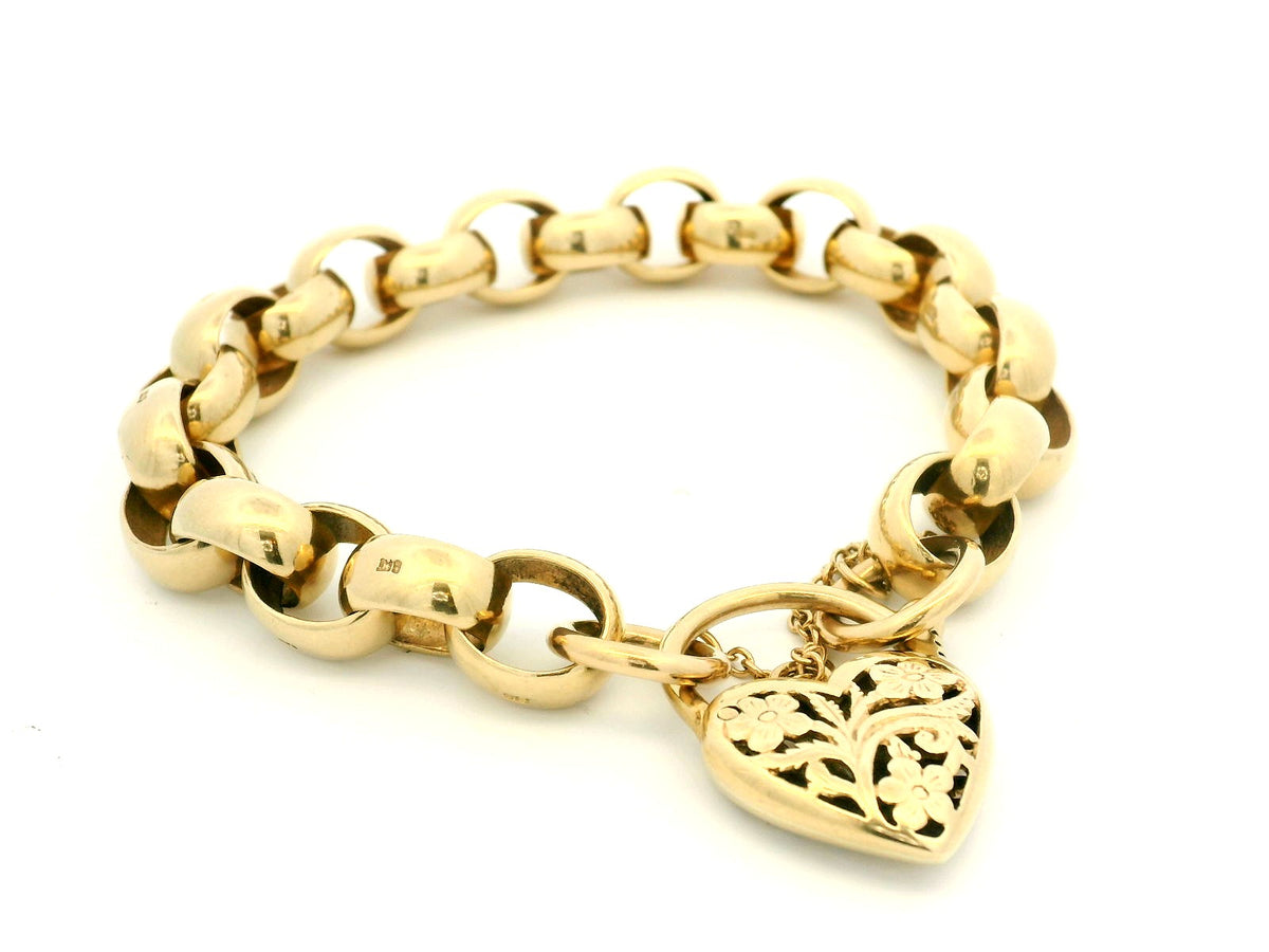 ANTIQUE 37.54g ROLLO LINK BRACELET WITH FILIGREE HEART PADLOCK  9ct GOLD