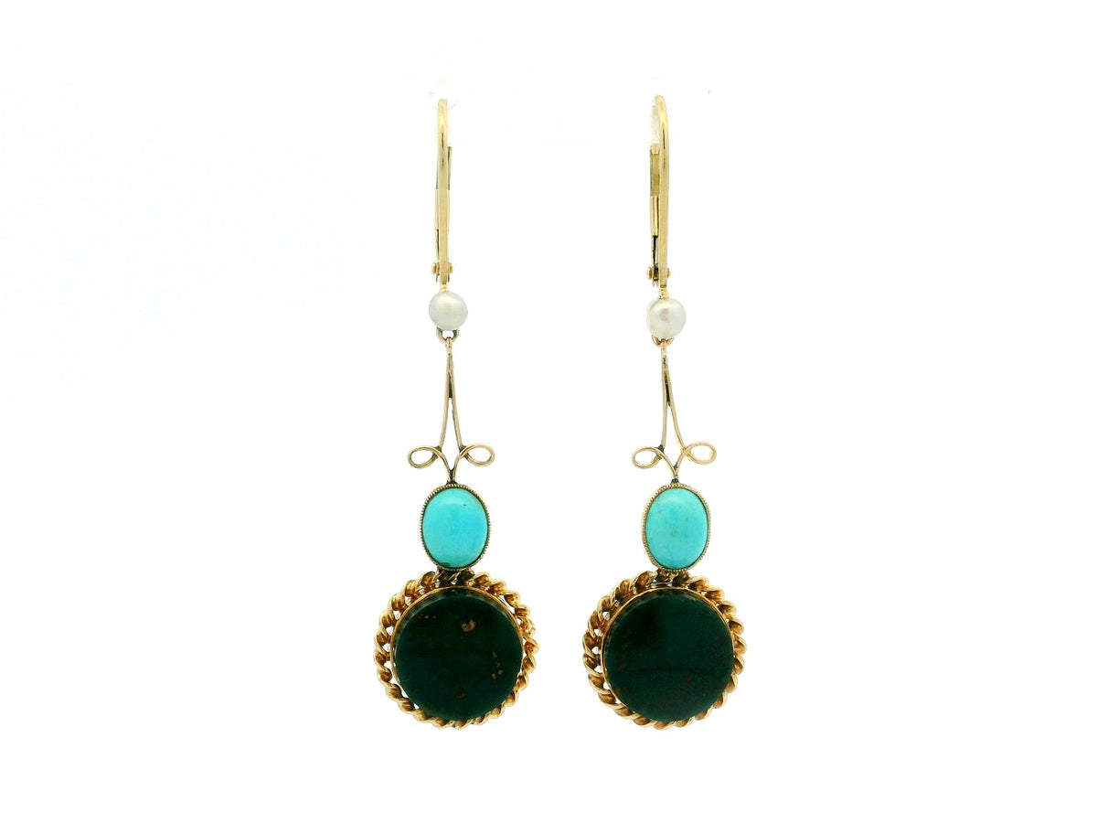 ANTIQUE PEARL TURQUOISE &amp; BLOODSTONE EARRINGS 9ct GOLD