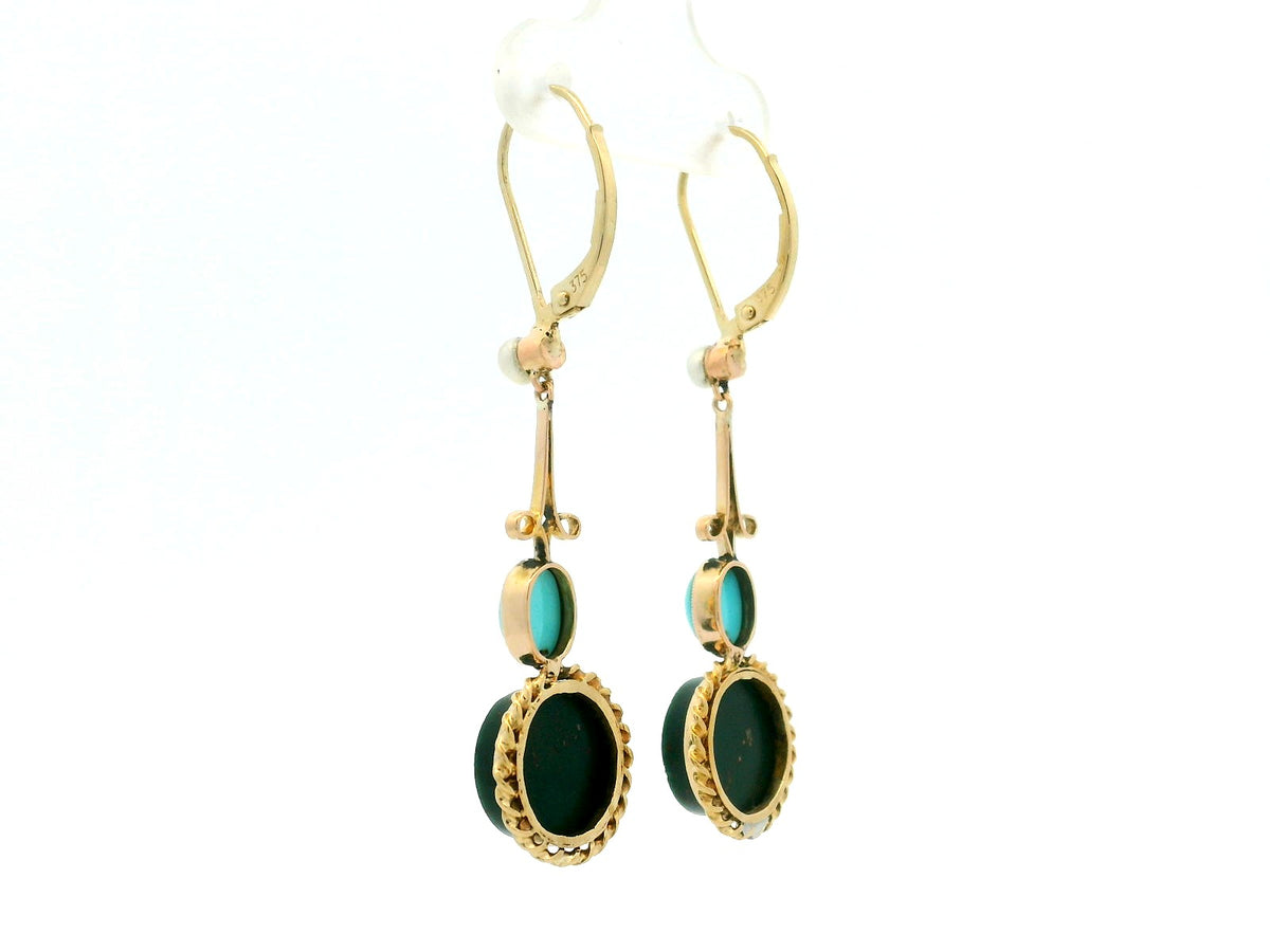 ANTIQUE PEARL TURQUOISE &amp; BLOODSTONE EARRINGS 9ct GOLD