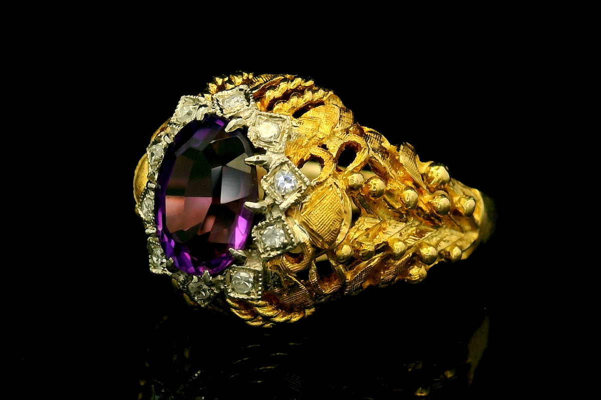VINTAGE c1940 AMETHYST AND DIAMOND COCKTAIL RING 18ct GOLD