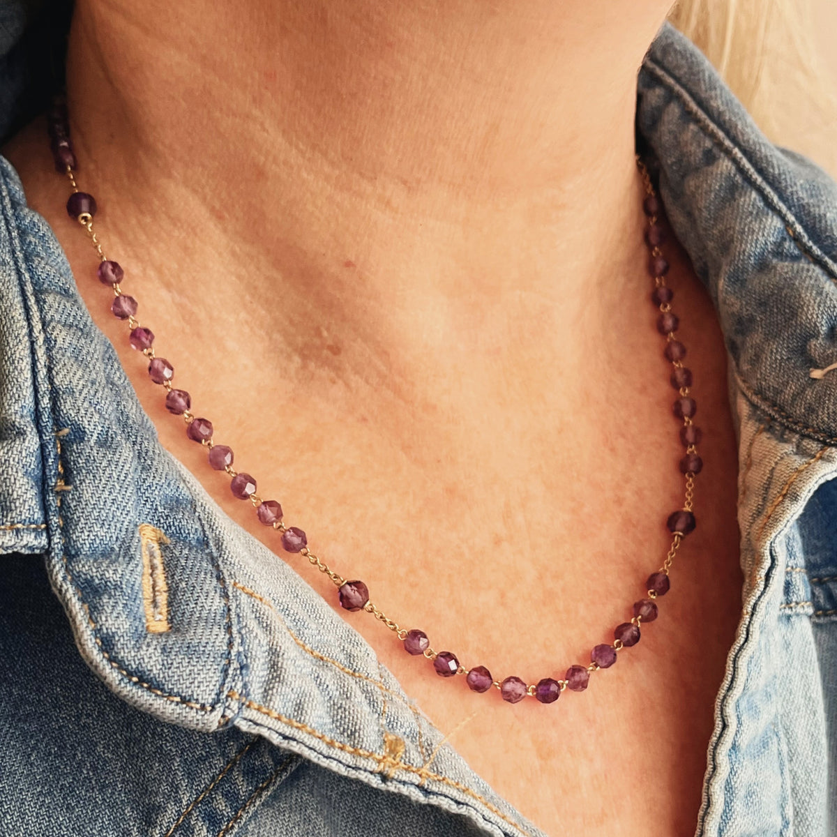 VINTAGE c1930 AMETHYST BEAD NECKLACE 9ct GOLD