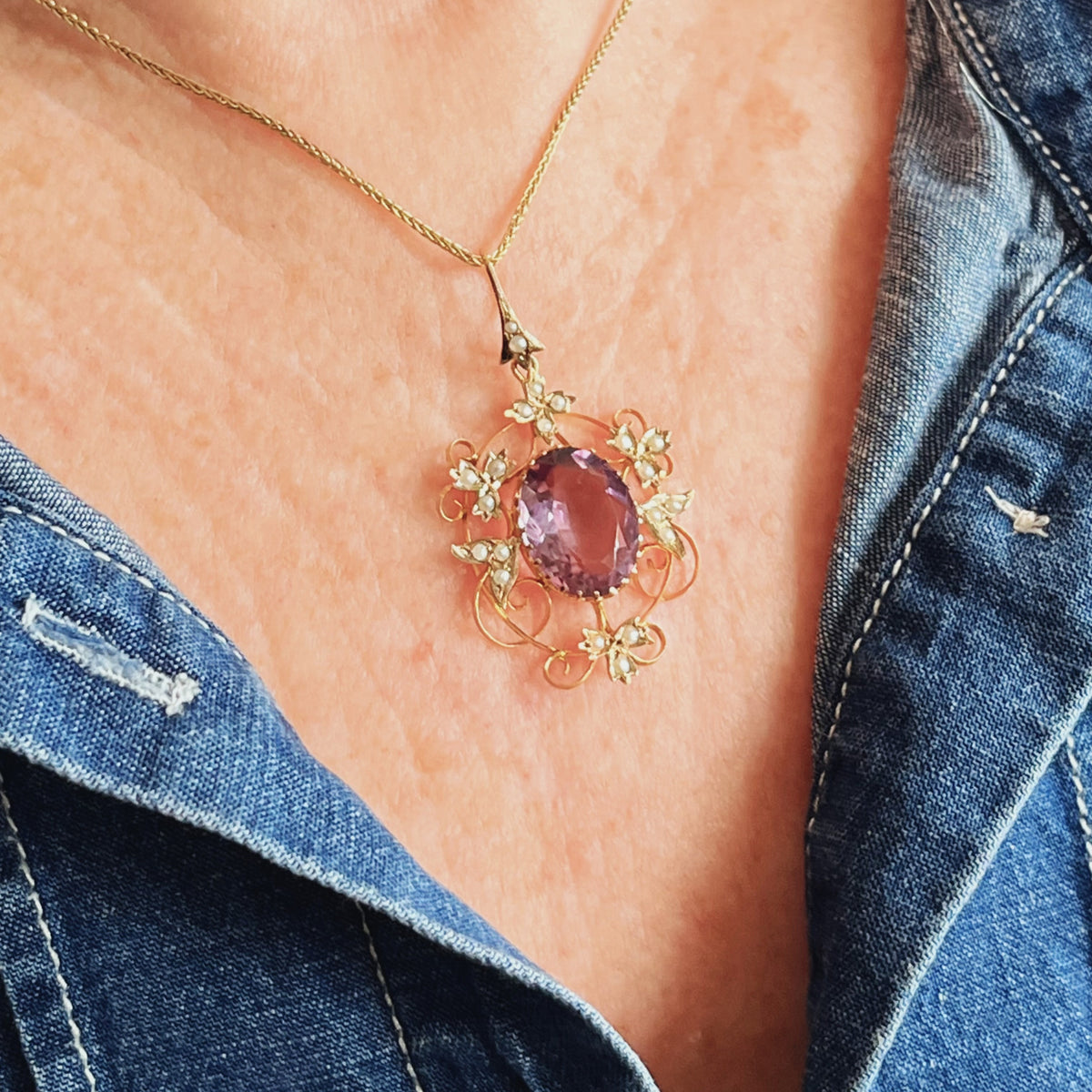 ANTIQUE EDWARDIAN AMETHYST & SEED PEARL PENDANT 9ct GOLD