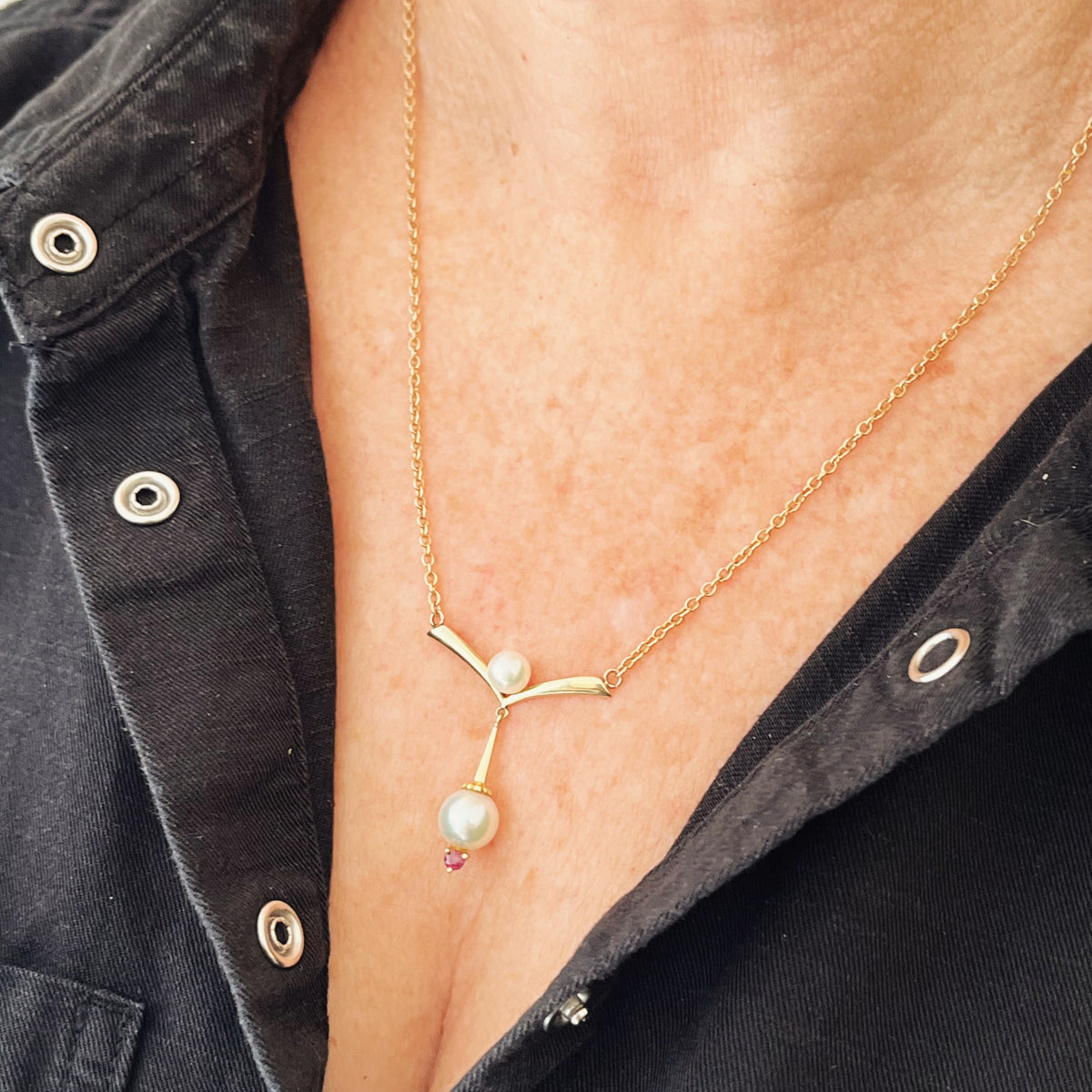 VINTAGE c1940 PEARL &amp; RUBY NECKLACE 14ct GOLD