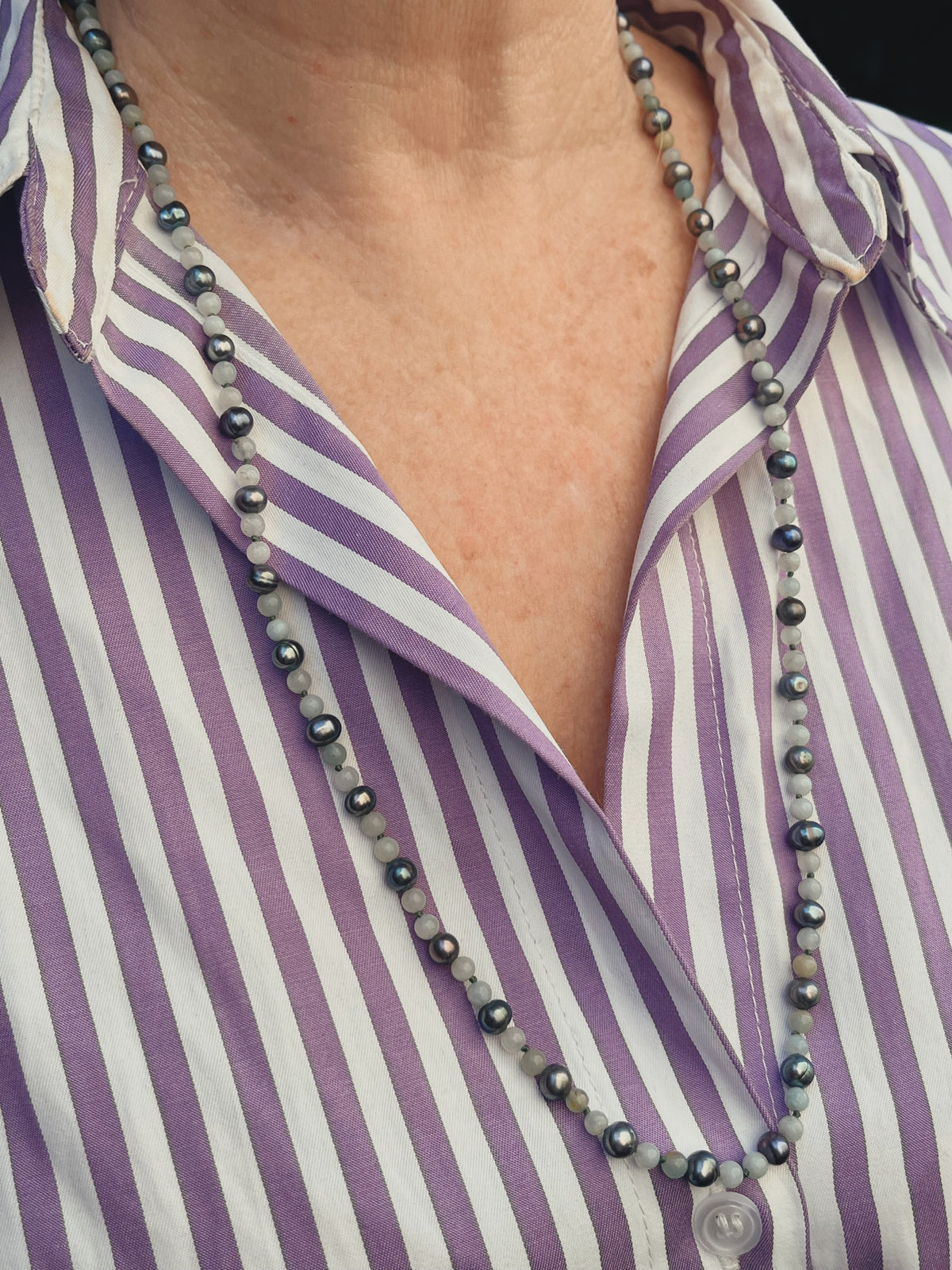 BESPOKE TAHITIAN PEARL &amp; AQUAMARINE NECKLACE 9ct GOLD