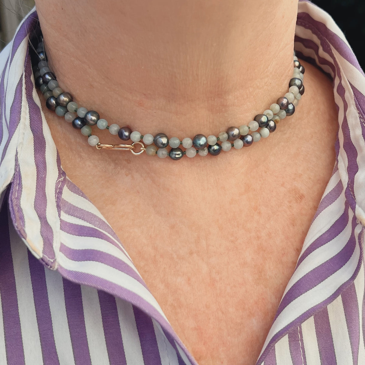 BESPOKE TAHITIAN PEARL &amp; AQUAMARINE NECKLACE 9ct GOLD