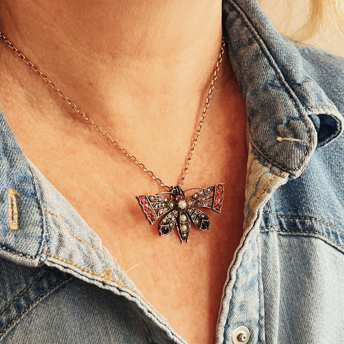 ANTIQUE c1890 DIAMOND SAPPHIRE &amp; SPINEL BUTTERFLY PENDANT/BROOCH