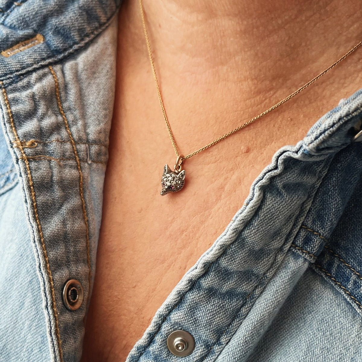 ANTIQUE VICTORIAN c1860’s DIAMOND &amp; RUBY FOX PENDANT SILVER &amp; 9ct GOLD