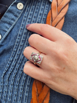 ANTIQUE FRENCH ART DECO DIAMOND & RUBY RING 18ct GOLD