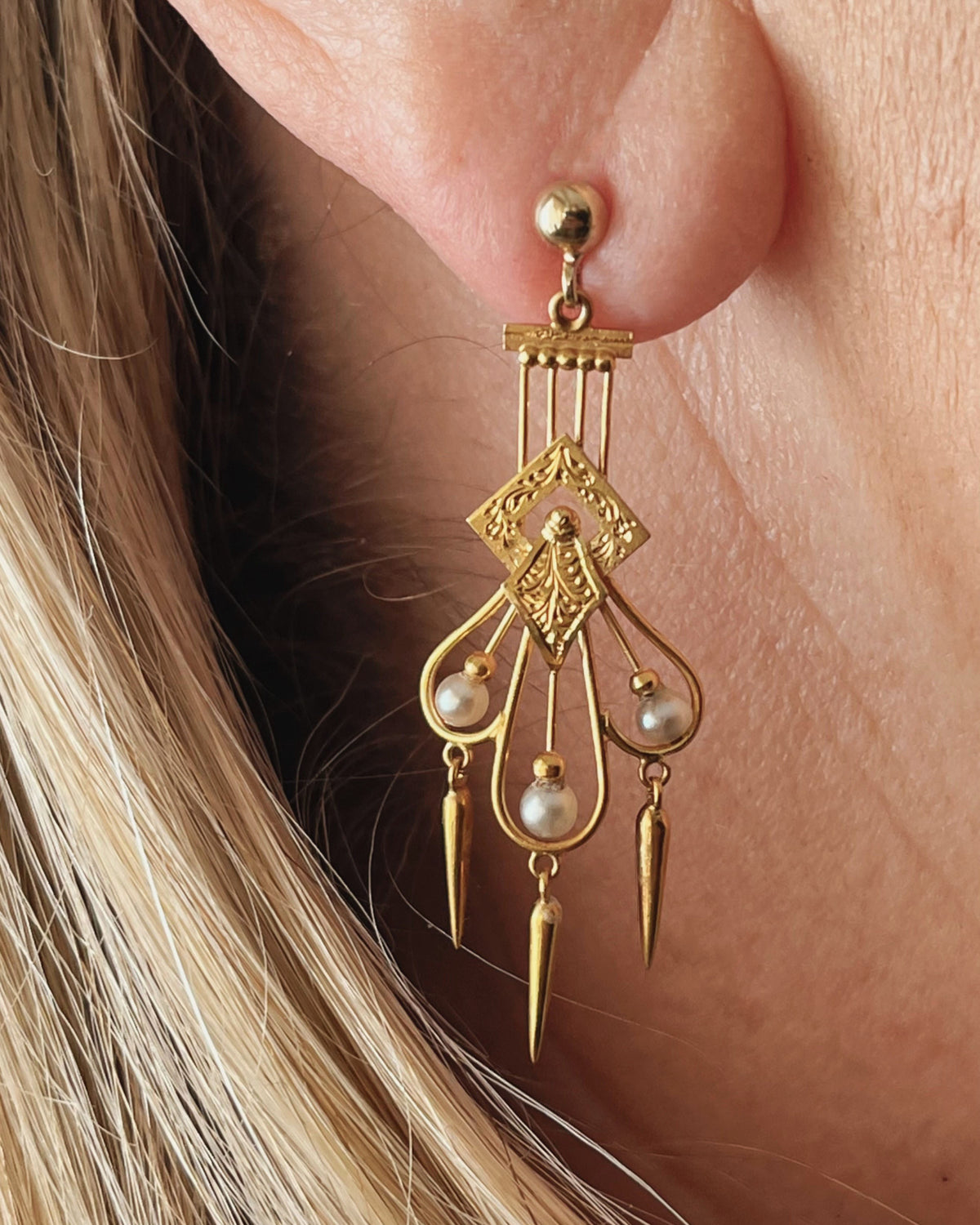 ANTIQUE ETRUSCAN REVIVAL PEARL EARRINGS 18ct GOLD