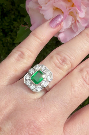 ART DECO c1920 EMERALD & DIAMOND RING 18ct GOLD