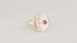 BESPOKE ENGRAVED PINK SAPPHIRE SIGNET RING 9ct GOLD