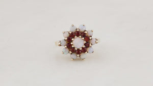 VINTAGE MID CENTURY OPAL & GARNET CLUSTER RING 9ct GOLD