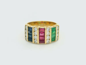 RETRO 80's EMERALD RUBY DIAMOND & SAPPHIRE RING 18ct GOLD