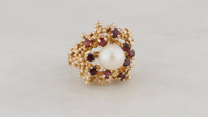 VINTAGE MID CENTURY c1960 PEARL & GARNET RING 9ct GOLD