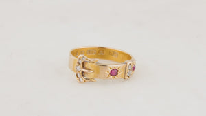 ANTIQUE VICTORIAN 1874 RUBY & DIAMOND BUCKLE RING 15ct GOLD
