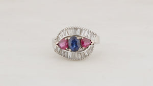 VINTAGE PLATINUM 1940's SAPPHIRE, RUBY & DIAMOND RING