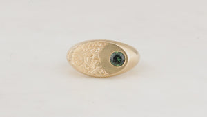 CUSTOM PARTI SAPPHIRE ETCHED SIGNET RING 9ct GOLD