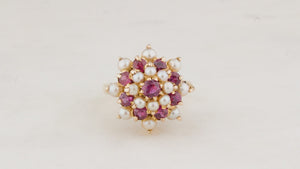 MID-CENTURY RUBY & PEARL RING 9CT GOLD