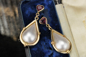 VINTAGE ESTATE PINK TOURMALINE & MABE PEARL EARRINGS ON 18ct YELLOW GOLD