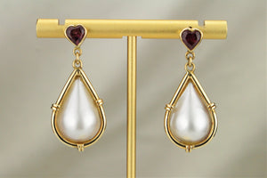 VINTAGE ESTATE PINK TOURMALINE & MABE PEARL EARRINGS ON 18ct YELLOW GOLD
