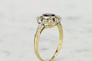 ANTIQUE EDWARDIAN RUBY & DIAMOND CLUSTER RING ON 18ct YELLOW GOLD & PLATINUM