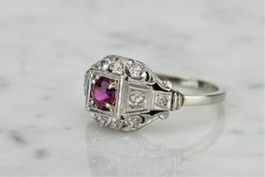 ANTIQUE ORIGINAL ART DECO c1920 RUBY & DIAMOND RING ON 14ct WHITE GOLD AND PLATINUM