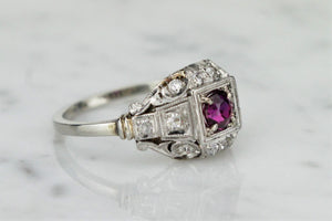 ANTIQUE ORIGINAL ART DECO c1920 RUBY & DIAMOND RING ON 14ct WHITE GOLD AND PLATINUM