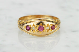 ANTIQUE VICTORIAN c1878 RUBY & SEED PEARL RING ON 22ct YELLOW GOLD