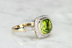 MODERN 4ct PERIDOT AND DIAMOND SQUARE CLUSTER RING ON 9ct YELLOW GOLD