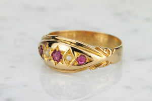 ANTIQUE VICTORIAN c1878 RUBY & SEED PEARL RING ON 22ct YELLOW GOLD