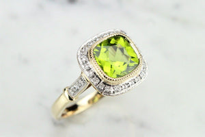 MODERN 4ct PERIDOT AND DIAMOND SQUARE CLUSTER RING ON 9ct YELLOW GOLD