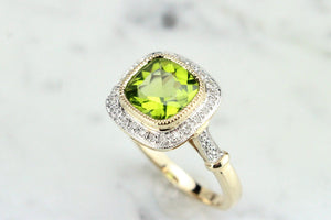 MODERN 4ct PERIDOT AND DIAMOND SQUARE CLUSTER RING ON 9ct YELLOW GOLD