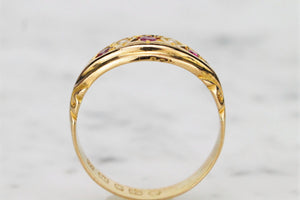 ANTIQUE VICTORIAN c1878 RUBY & SEED PEARL RING ON 22ct YELLOW GOLD