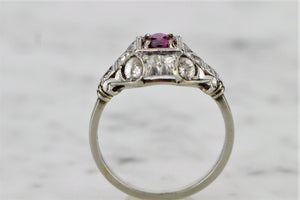 ANTIQUE ORIGINAL ART DECO c1920 RUBY & DIAMOND RING ON 14ct WHITE GOLD AND PLATINUM