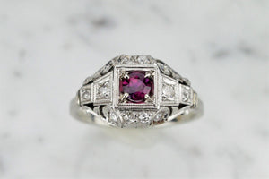 ANTIQUE ORIGINAL ART DECO c1920 RUBY & DIAMOND RING ON 14ct WHITE GOLD AND PLATINUM