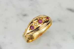 ANTIQUE VICTORIAN c1878 RUBY & SEED PEARL RING ON 22ct YELLOW GOLD