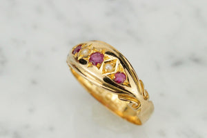 ANTIQUE VICTORIAN c1878 RUBY & SEED PEARL RING ON 22ct YELLOW GOLD