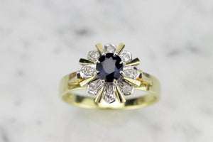 VINTAGE ESTATE SAPPHIRE & DIAMOND HALO RING ON 14ct YELLOW & WHITE GOLD