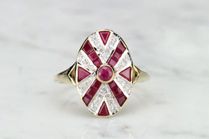 MODERN ESTATE ART DECO STYLE RUBY AND DIAMOND RING ON 9ct YELLOW GOLD