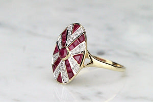 MODERN ESTATE ART DECO STYLE RUBY AND DIAMOND RING ON 9ct YELLOW GOLD