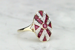 MODERN ESTATE ART DECO STYLE RUBY AND DIAMOND RING ON 9ct YELLOW GOLD