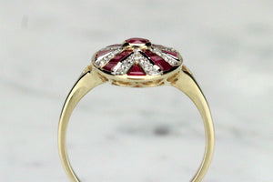 MODERN ESTATE ART DECO STYLE RUBY AND DIAMOND RING ON 9ct YELLOW GOLD