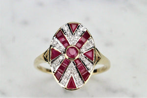 MODERN ESTATE ART DECO STYLE RUBY AND DIAMOND RING ON 9ct YELLOW GOLD