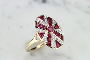 MODERN ESTATE ART DECO STYLE RUBY AND DIAMOND RING ON 9ct YELLOW GOLD