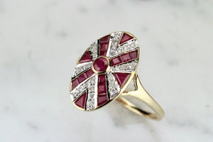 MODERN ESTATE ART DECO STYLE RUBY AND DIAMOND RING ON 9ct YELLOW GOLD