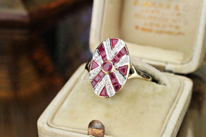 MODERN ESTATE ART DECO STYLE RUBY AND DIAMOND RING ON 9ct YELLOW GOLD